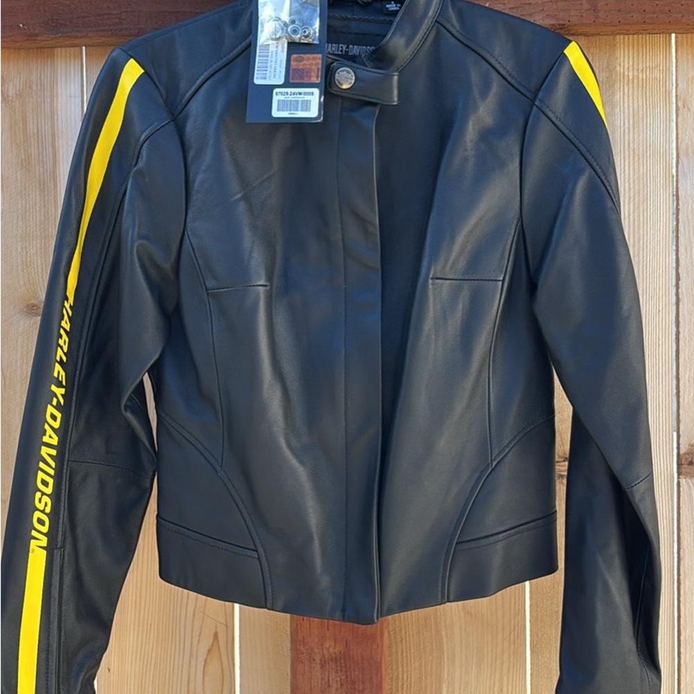 Harley-Davidson Women's Black Leather Jacket with Yellow Stripes